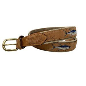 Zep Pro Mens Brown Leather Sword Fish Boat Sport Blue‎ Canvas Belt Brass USA 28